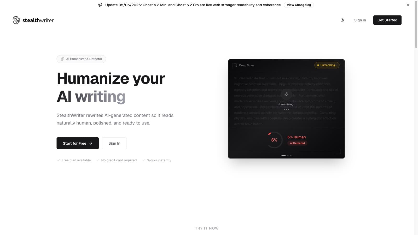 Stealth Writer (stealthwriter.ai) homepage showing the Humanize your AI writing hero and the Deep Scan humanization preview, captured May 2026.