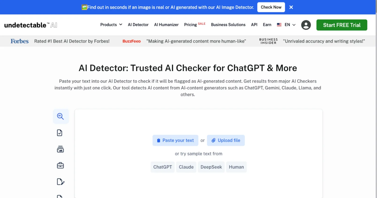 AI Detector homepage in May 2026 with the detector hero and Start Free Trial CTA.